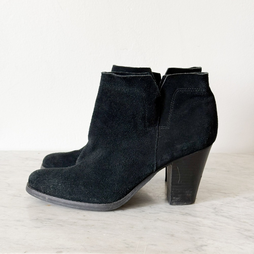 Crown Vintage Black Suede Ankle Boots‎ Pointed Toe Block Heel Booties 9.5